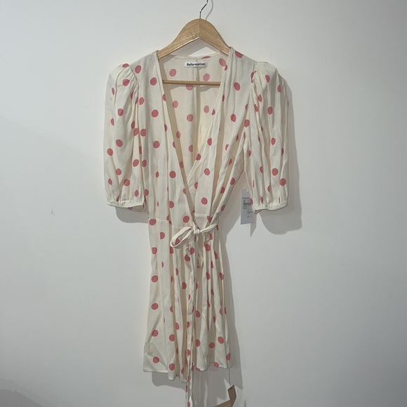 NEW • Reformation • Olince Andie Mini Wrap Dress V Neck Polka Dot White Pink Sm - Picture 4 of 6